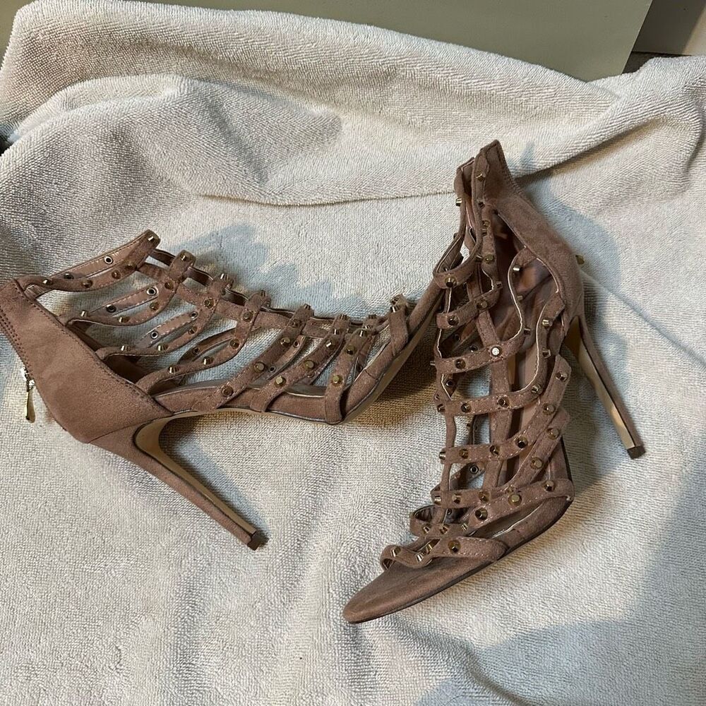 Pink suede like pink gladiator heels with gold accents size 9